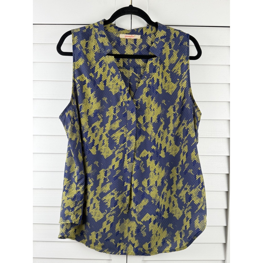 Pomelo Silk Blouse Women XL Blue Yellow Sleeveless Abstract Dot V-Neck Top